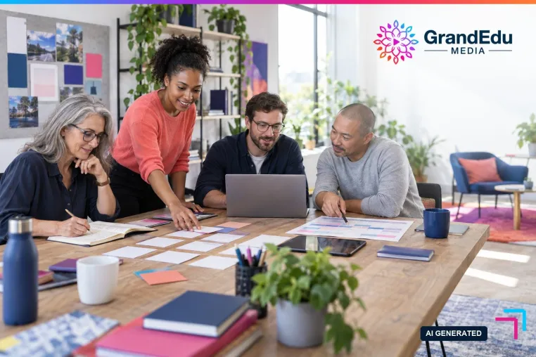 Vier Arbeitsfelder, ein Bildungsprodukt: GrandEdu Media macht Weiterbildung zum Teamprojekt Bild: Vier Arbeitsfelder, ein Bildungsprodukt: GrandEdu Media macht Weiterbildung zum Teamprojekt