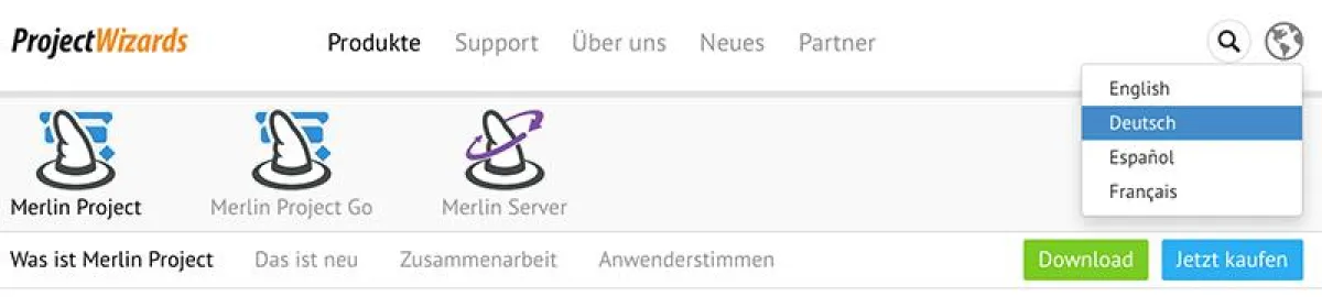 Das neue Sprachmenü auf projectwizards.net