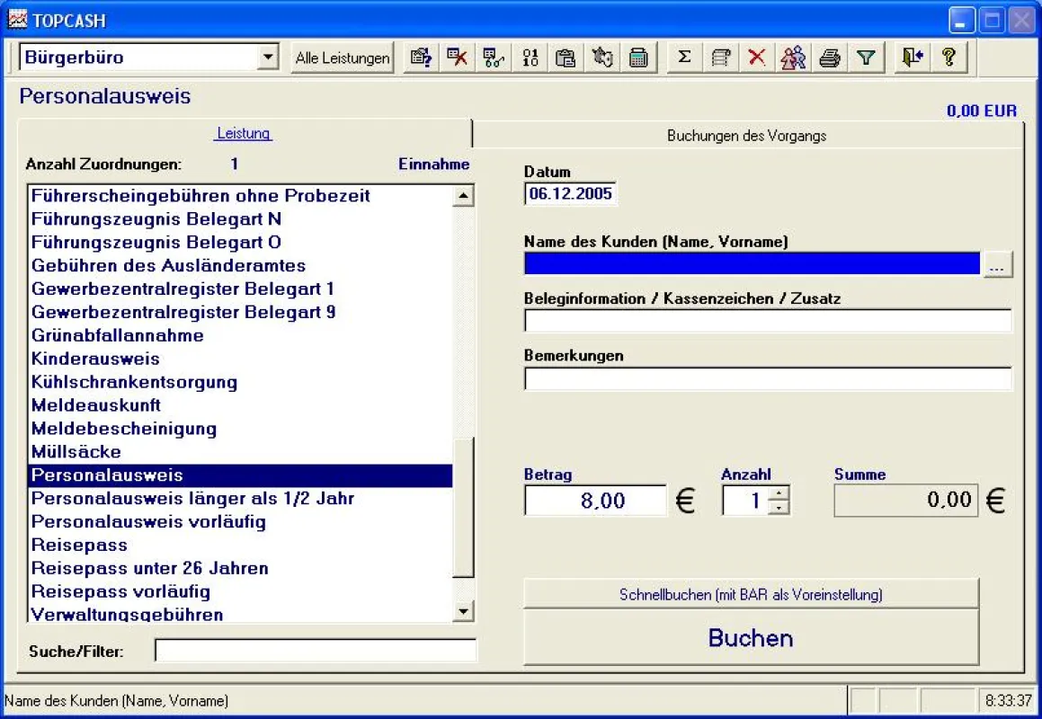 Buchungsmaske des Programms TopCash