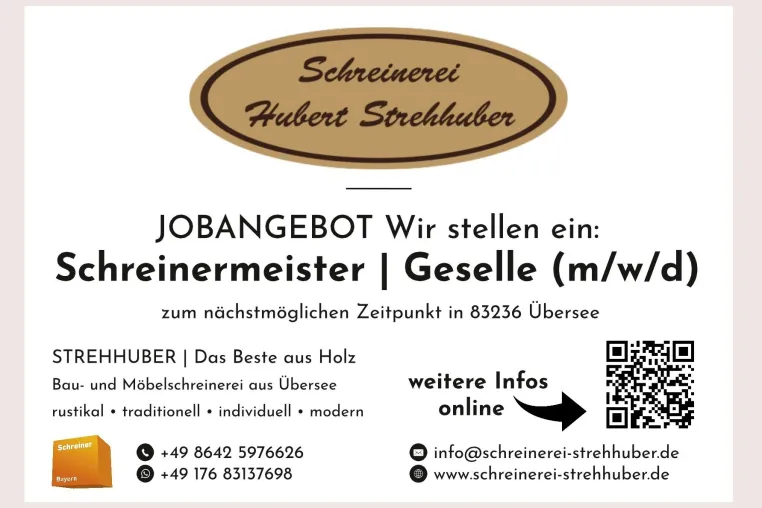 Bild: Schreinergeselle / Meister (m/w/d) ab sofort bei der Schreinerei Hubert Strehhuber