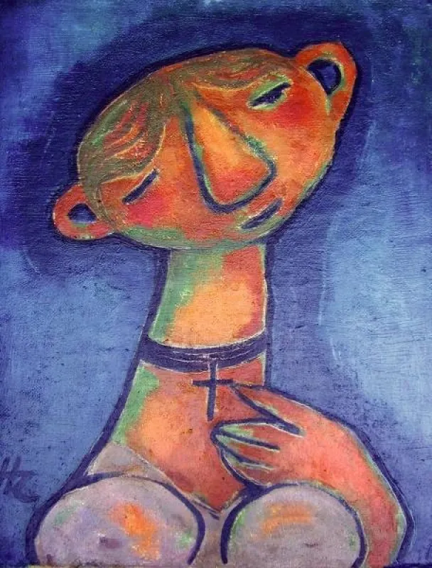 Hans Haueisen: Mädchen mit Kreuz, 1950, Öl auf Hartfaser, 53,2 x 42 cm / Foto: Henrike Karger
