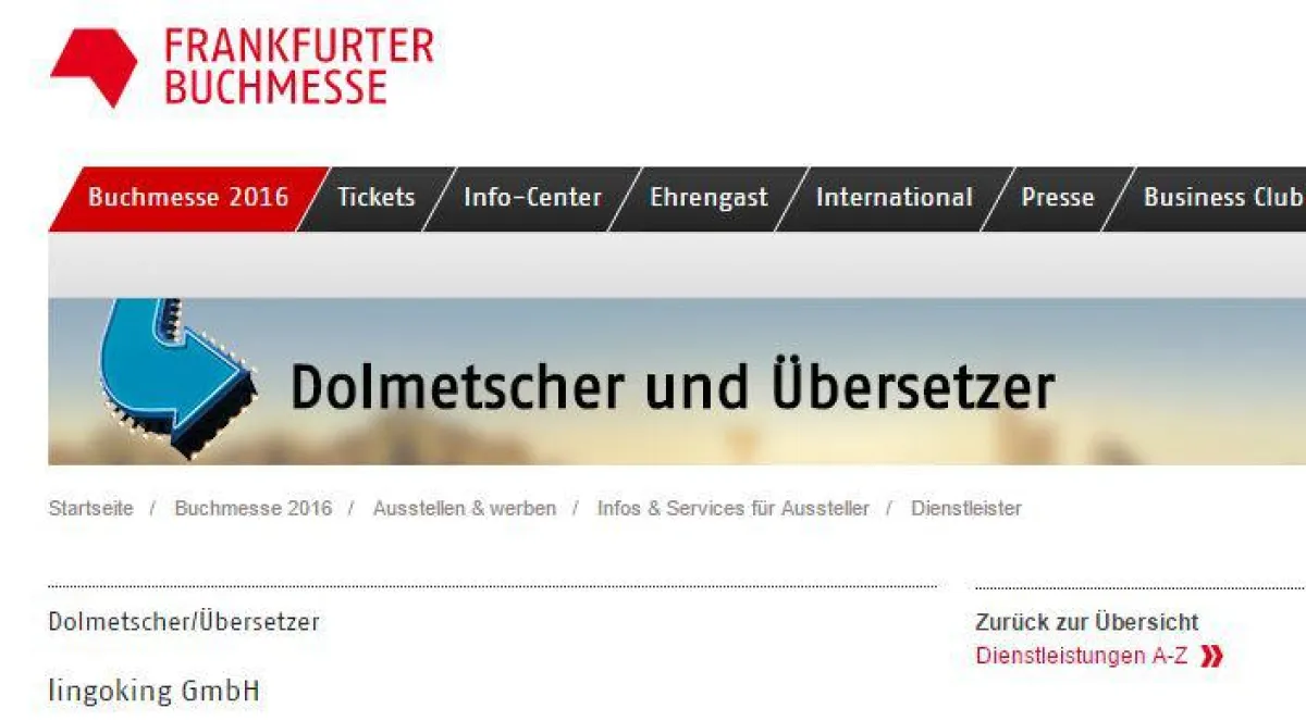 Screenshot zu den Sprachdienstleistungen von lingoking auf der Frankfurter Buchmesse 2016. Fotocredi
