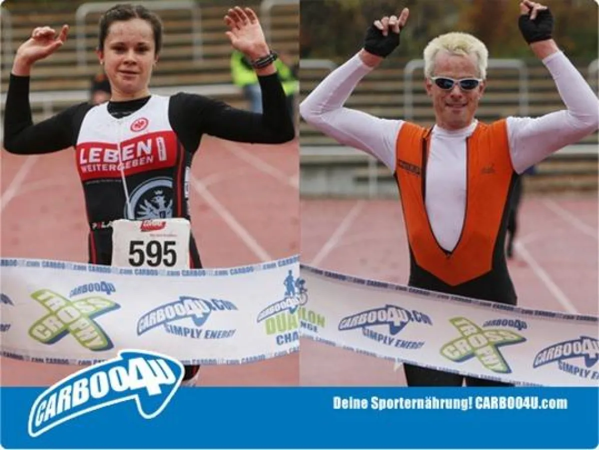 Foto: zoeller Foto/Thomas Zöller. Natascha Schmitt und Haimo Kiefer siegen beim Hugenotten-Duathlon in Neu-Isenburg