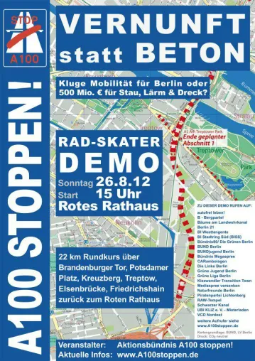 Fahrrad-Skater-Demonstration Vernunft statt Beton. A100 stoppen! am Sonntag, 26.8.2012 in Berlin Bild: Fahrrad-Skater-Demonstration Vernunft statt Beton. A100 stoppen! am Sonntag, 26.8.2012 in Berlin