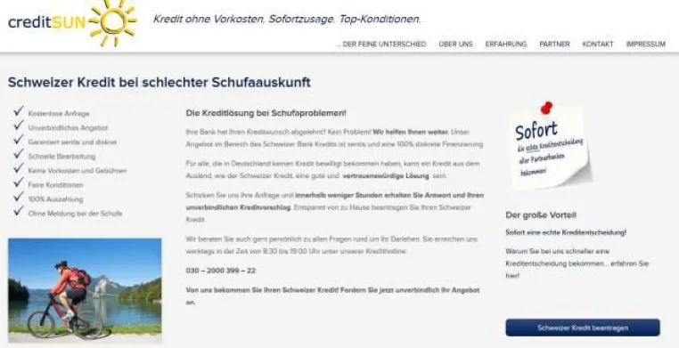 Bild: Schweizer Kredit im Onlinevertrieb der creditSUN