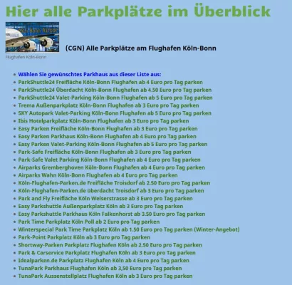 Bild: Parkplätze am Flughäfen - Parkplatzübersicht, Parkplatzregister, Parkplatzliste