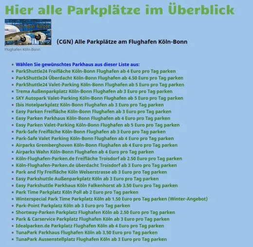 Parkplätze am Flughäfen - Parkplatzübersicht, Parkplatzregister, Parkplatzliste Bild: Parkplätze am Flughäfen - Parkplatzübersicht, Parkplatzregister, Parkplatzliste