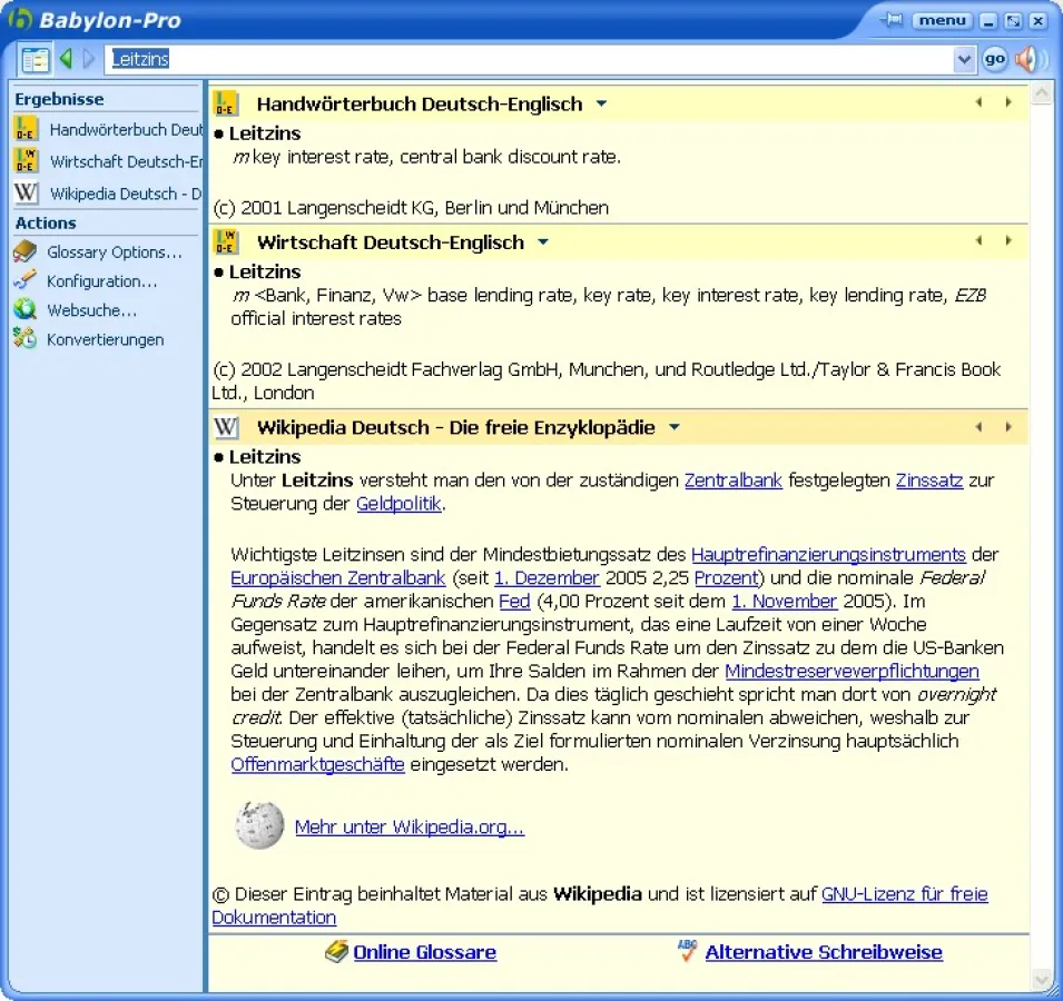 Popup-Fenster von Babylon: Zugriff auf Wikipedia und weitere Informationsquellen per Mausklick (Quelle: Babylon)