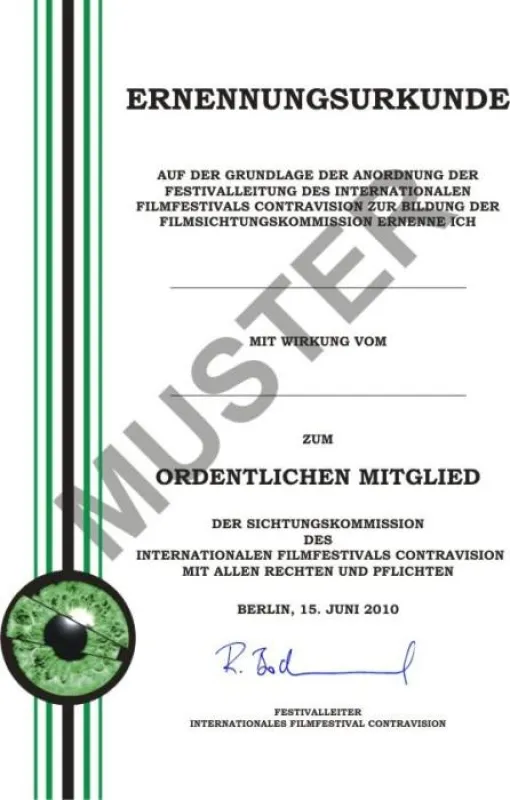 Ernennungsurkunde Sichtungsmitglied Filmfestival ContraVision