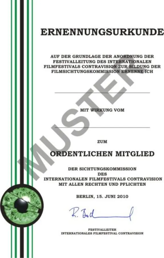 Ernennungsurkunde Sichtungsmitglied Filmfestival ContraVision