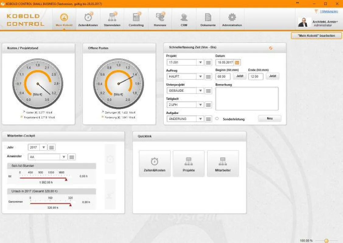 Startseite der Small Business Edition von KOBOLD CONTROL