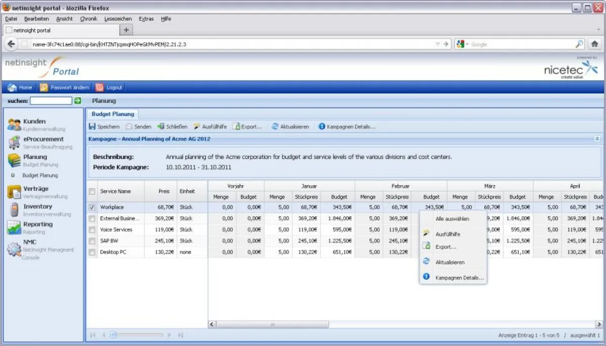 Webgestützte Mengenplanung unterstützt Kalkulationen für  IT-Leistungen.