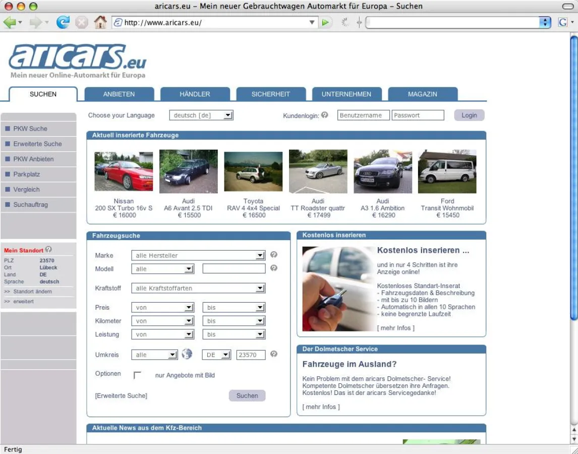 aricars.eu - Startseite des Onlineportals