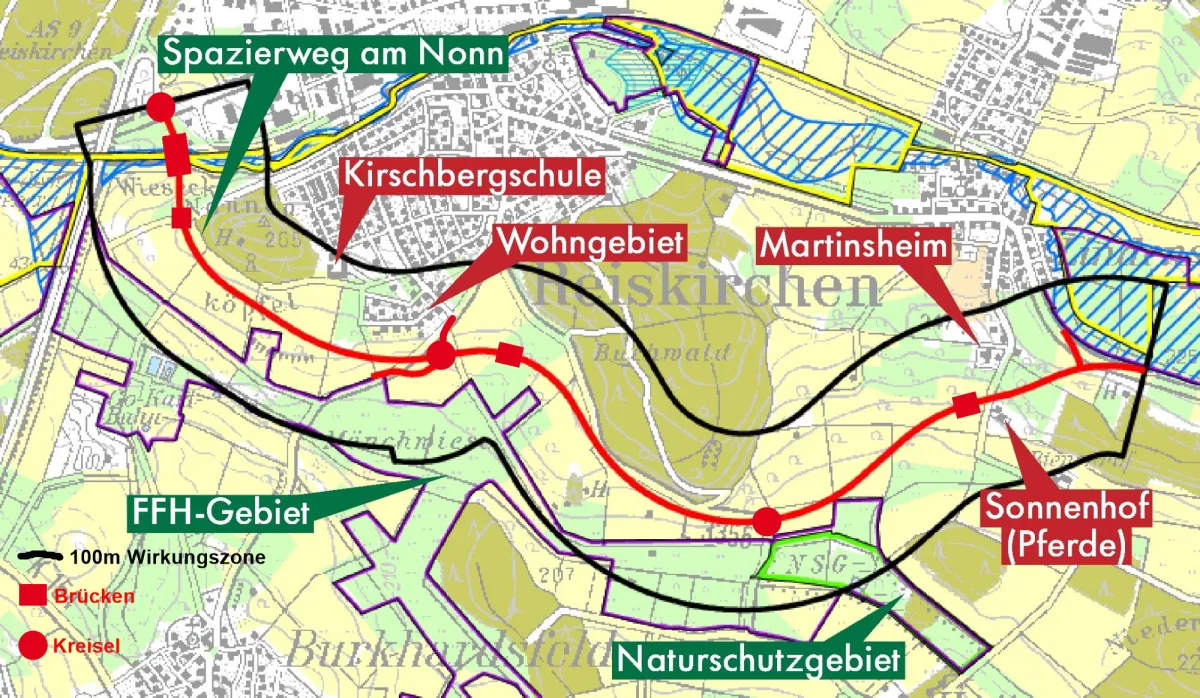 Geplanter Trassenverlauf mit ersten Baustellen (Brücken) und beeinträchtigten Bereichen (© Archiv Projektwerkstatt (CC))