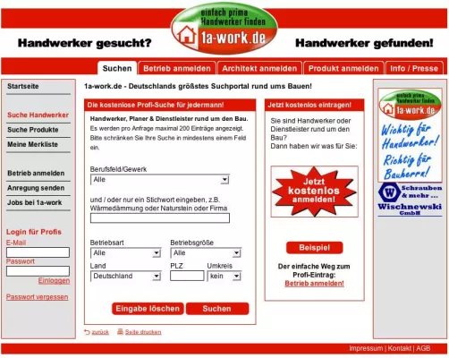 Bild: Handwerkersuche leicht gemacht - 1a-work.de ist ab jetzt mit über 500.000 Einträgen das größte Suchportal rund ums Bauen