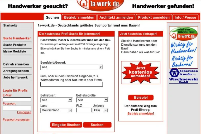 Bild: Handwerkersuche leicht gemacht - 1a-work.de ist ab jetzt mit über 500.000 Einträgen das größte Suchportal rund ums Bauen