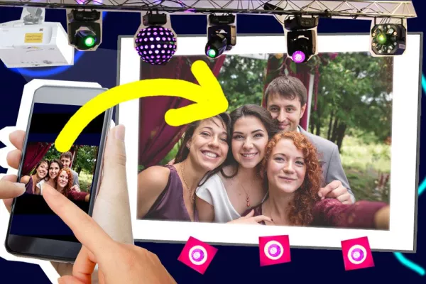 Bild: Neue Geschenk-Idee zur Hochzeit – mit der digitalen XXL-Fotowand Selfiewall Handyfotos auf den Beamer posten