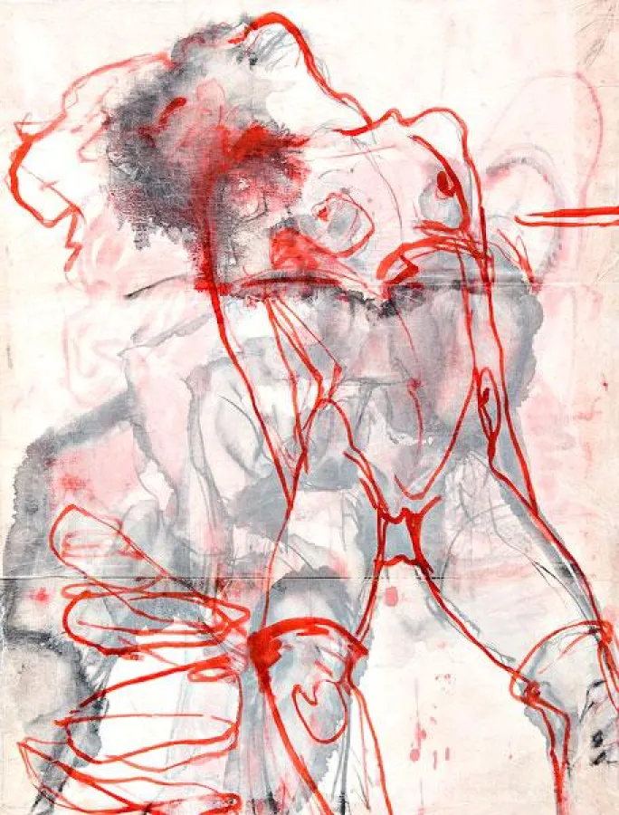 Evelyn Sommerhoff: „ Danae II“, Tusche auf Pergament auf Leinwand. 100x 80 cm, 2009