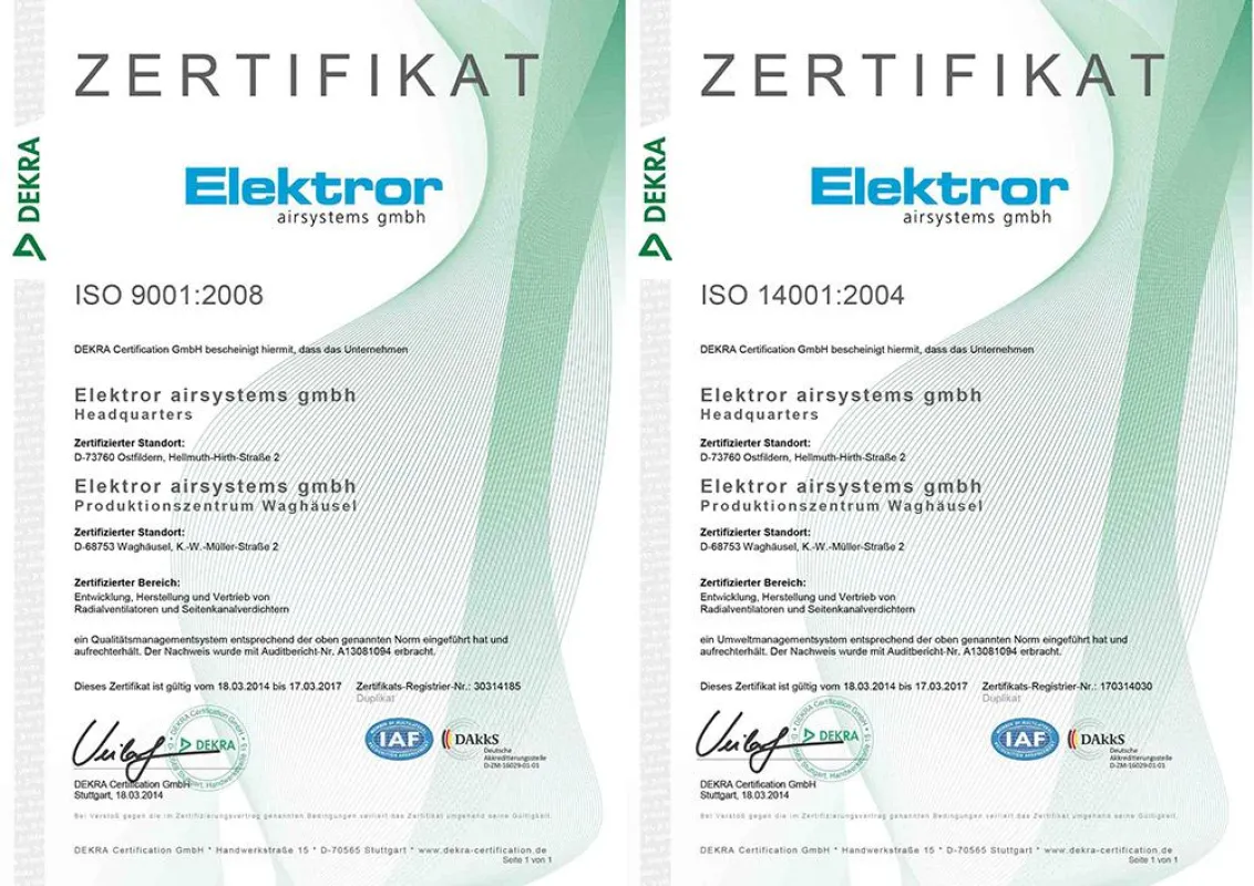Am 18. März 2014 wurden die neuen Zertifikate für ISO 9001 und ISO 14001 von DEKRA an Elektror ausge