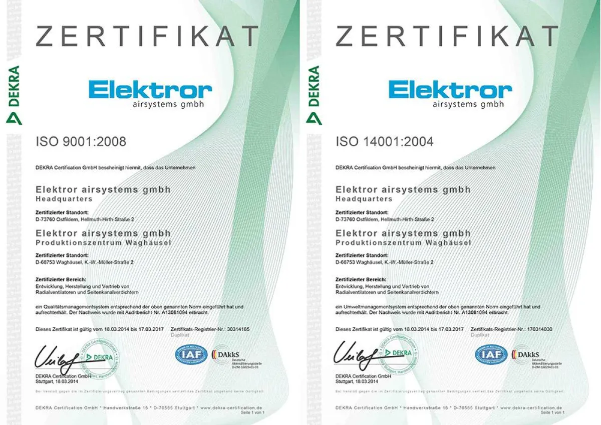 Am 18. März 2014 wurden die neuen Zertifikate für ISO 9001 und ISO 14001 von DEKRA an Elektror ausge