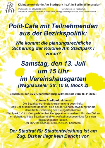 Polit-Cafe mit Teilnehmenden aus der Bezirkspolitik zur planungsrechtlichen Sicherung der KGA Am Stadtpark I Bild: Polit-Cafe mit Teilnehmenden aus der Bezirkspolitik zur planungsrechtlichen Sicherung der KGA Am Stadtpark I