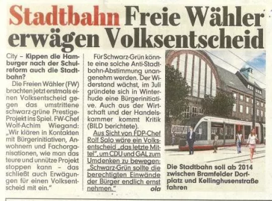 Bild: FREIE WÄHLER Hamburg: 280 Bäume für Stadtbahn absägen? – Prestigeprojekt wird Bürger auf Barrikaden treiben