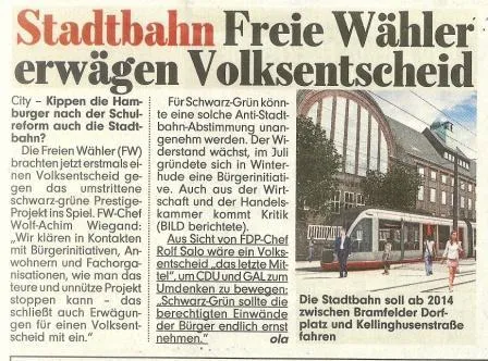 Bild: FREIE WÄHLER Hamburg: 280 Bäume für Stadtbahn absägen? – Prestigeprojekt wird Bürger auf Barrikaden treiben