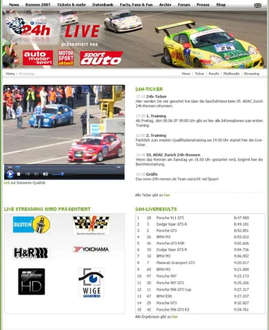 Bild: 24h-Rennen am Nürburgring live im Internet - in höchster Web-TV Qualität von WIGE MEDIA und BTD Newmedia