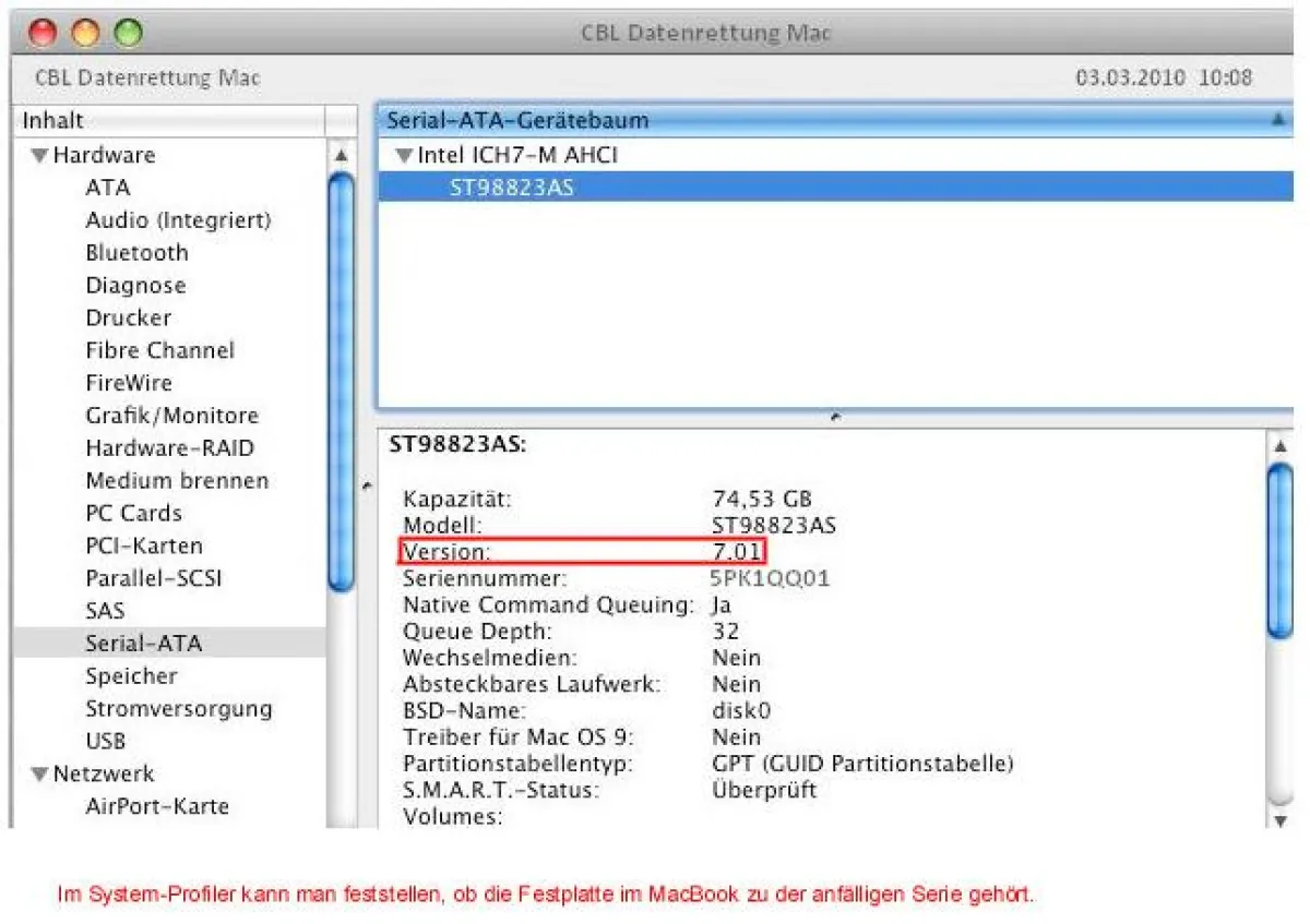 Im System-Profiler kann man feststellen, ob die Festplatte im MacBook zu der gefährdeten Serie gehört.