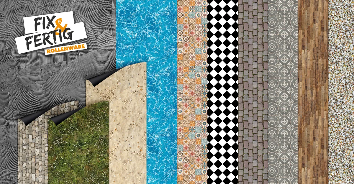 Ob Sandstrand oder Düsseldorfer Kopfsteinpflaster, die Rollenware von FOTOBODEN™ ist multifunktional (© FOTOBODEN™)