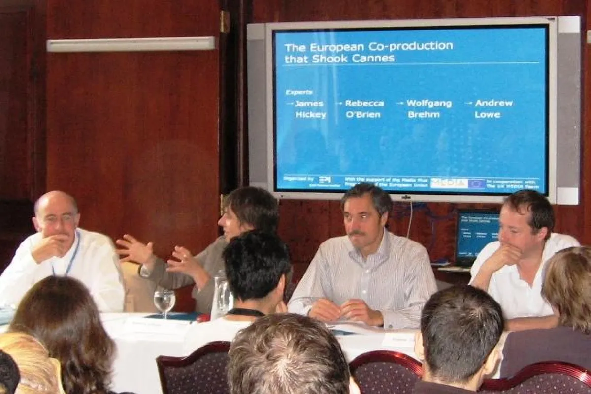 Die Panelisten von links nach rechts: James Hickey, Rebecca O\'Brien, Wolfgang Brehm, Andrew Lowe