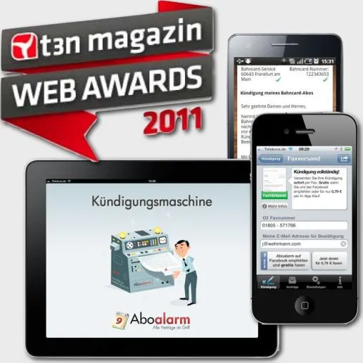 Bild: Aboalarm holt den 3ten Platz der t3n Web Awards in der Kategorie Beste App national. Glückwunsch!
