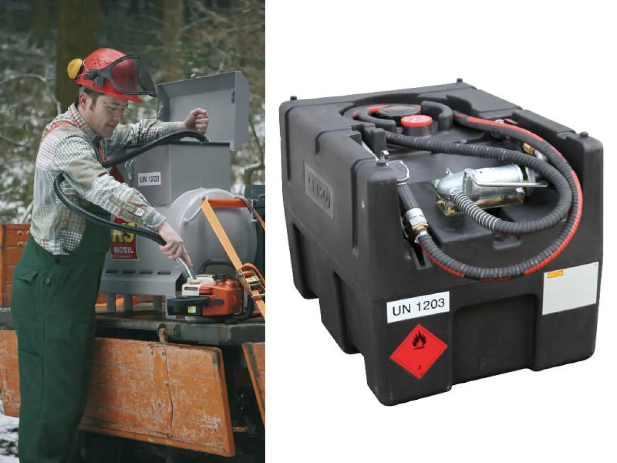 Die PE-Kleintankanlage mit Handpumpe und Zapfschlauch für 120 L Benzin bringt nur 23 kg Eigengewicht auf die Waage.