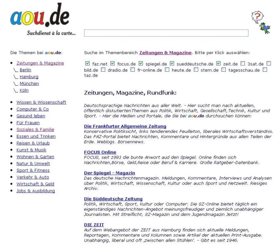 20 Themenbereiche lassen sich mit der Fach-Suchmaschine von aou.de mittels individueller Konfiguration durchsuchen.