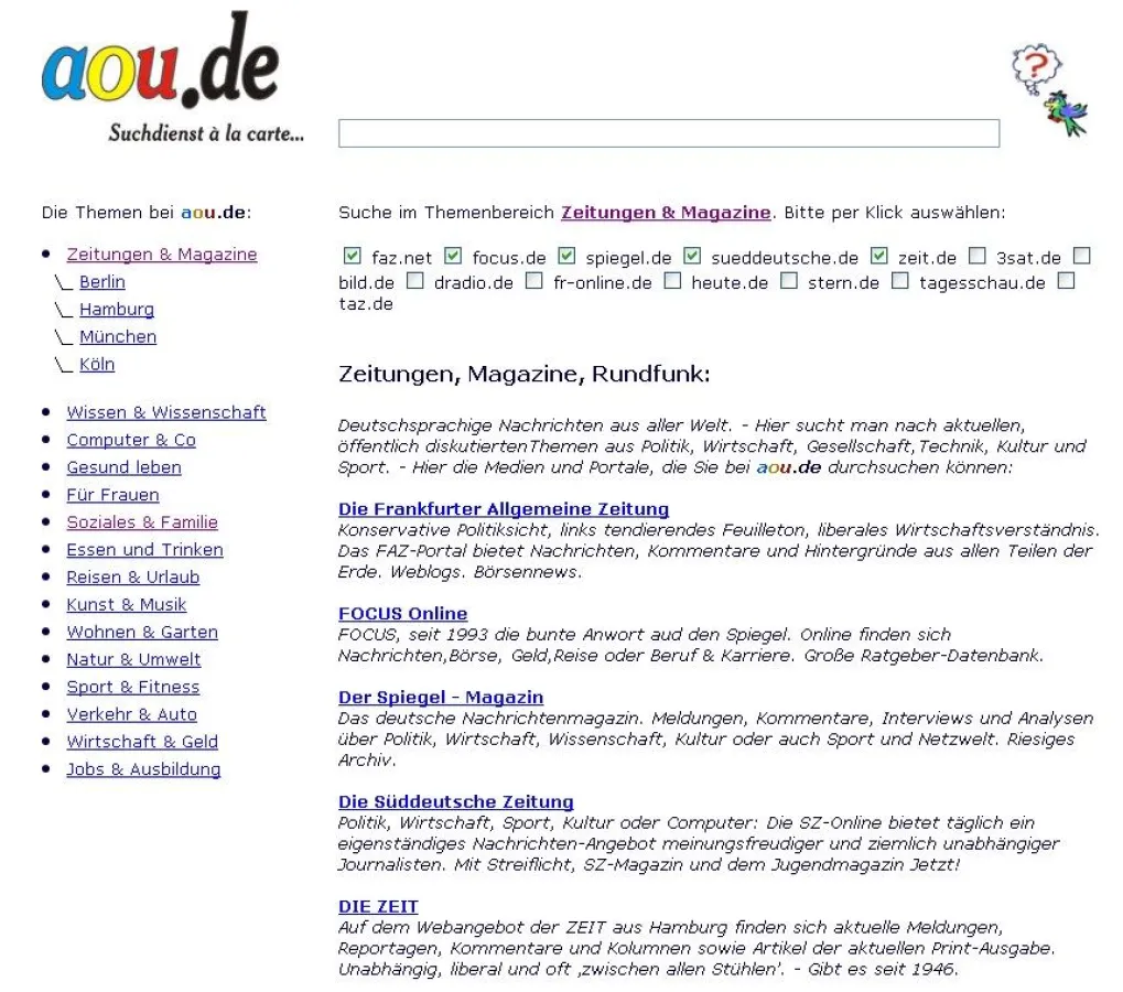 20 Themenbereiche lassen sich mit der Fach-Suchmaschine von aou.de mittels individueller Konfiguration durchsuchen.