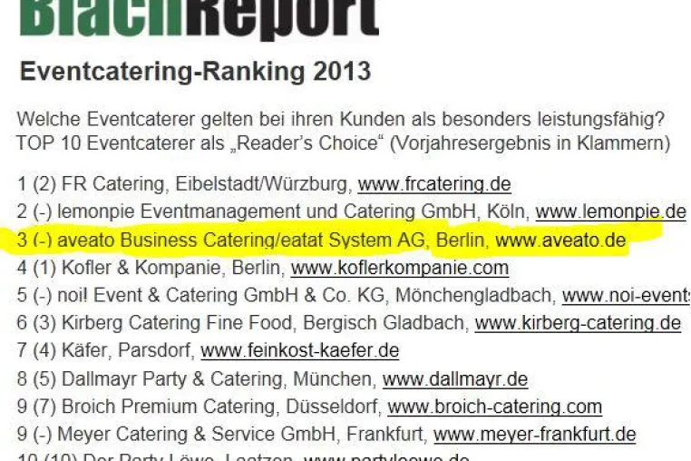 Bild: aveato unter den Top 3 Catering Unternehmen Deutschlands