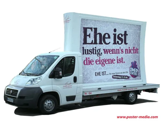 Bild: Mobile Aussenwerbung von POSTER-MEDIA zum Sendestart von "Ehe ist..." auf Comedy Central / MTV