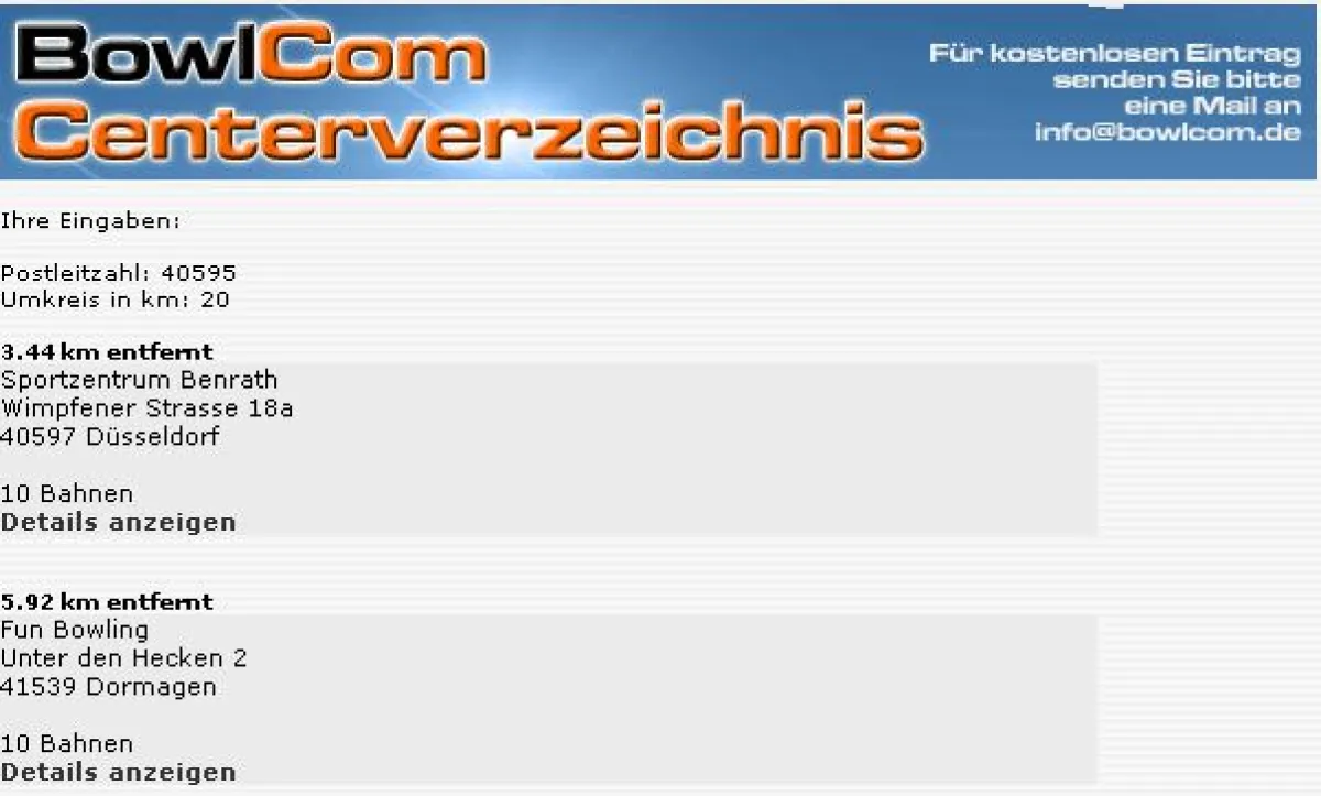 So zeigt das Programm Bowlingcenter im gewählten Umkreis an