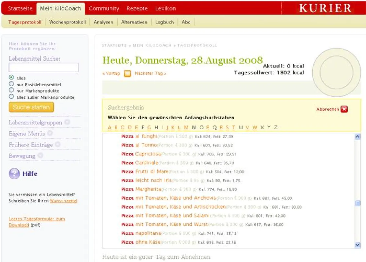 Ein Auszug aus der Lebensmittel-Suche nach Pizza