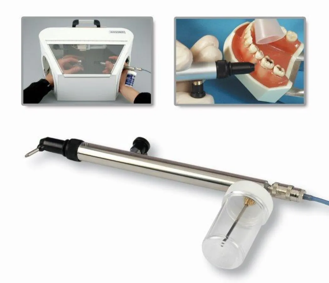 Der Airsonic® Mini Sandblaster in Verbindung mit der Airsonic® Absorbo Box und Mirasuc® Absorbo.