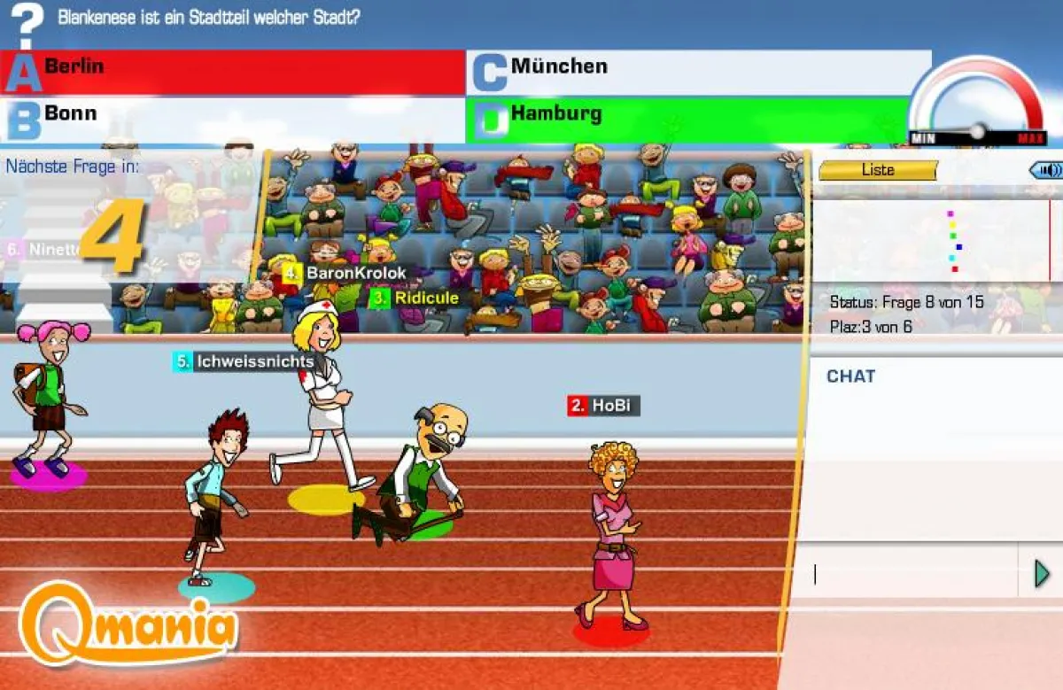 Das Quiz Rennen auf Qmania.de - bis zu 6 Quiz-Spieler wollen möglichst schnell im Ziel ankommen.