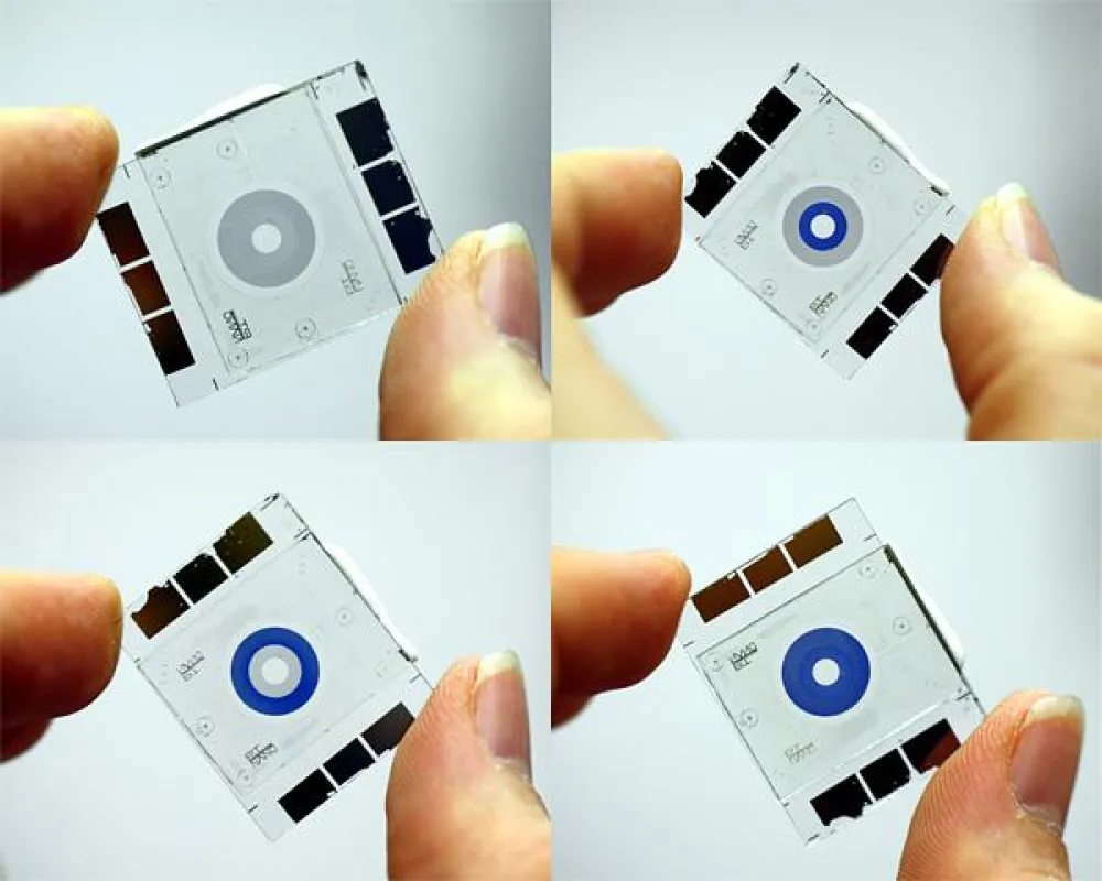 Aktive elektrochrome Iris mit zwei schaltbaren Blendenstufen: von oben links nach unten rechts: beid