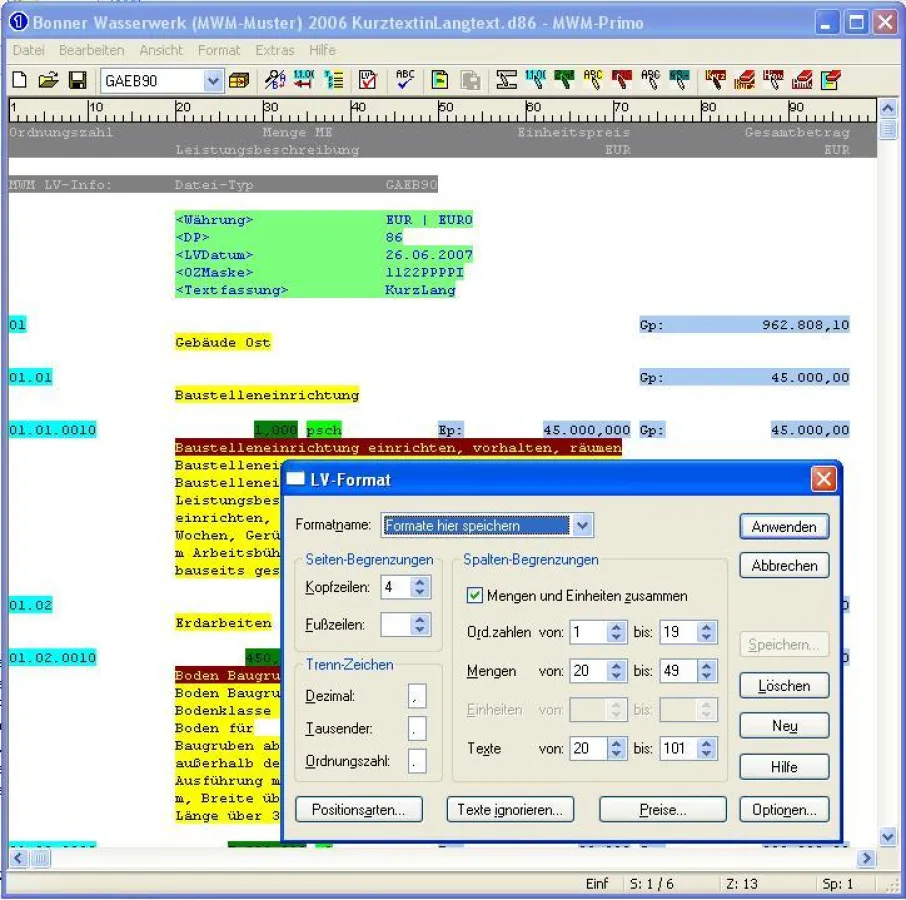 MWM-Primo Arbeitsfenster - Markierungsinformationen der Positionselemente
