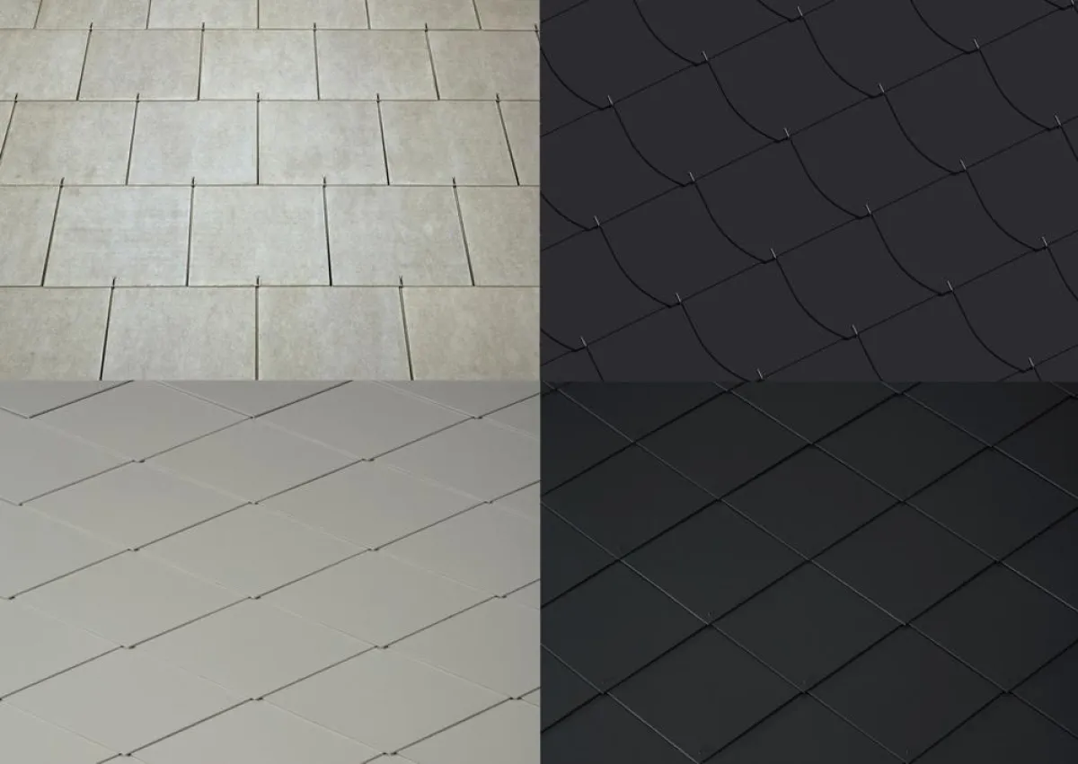 Eternit Dachplatten in Doppeldeckung, Deutscher Deckung, Rhombusdeckung und Spitzschablonendeckung.