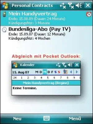 Bild: Personal Contracts: Laufzeit von Abos und Verträgen unter Windows Mobile überwachen