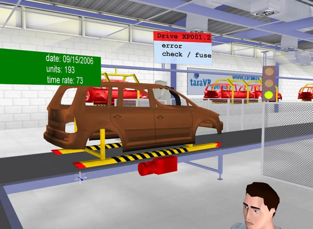 Mit dem taraVRbuilder der tarakos GmbH werden virtuelle Fertigungsszenarien wie diese Lackierstraße erstellt - taraVRcontrol meldet unverzüglich kritische Vorgänge aus der realen Anlage zurück