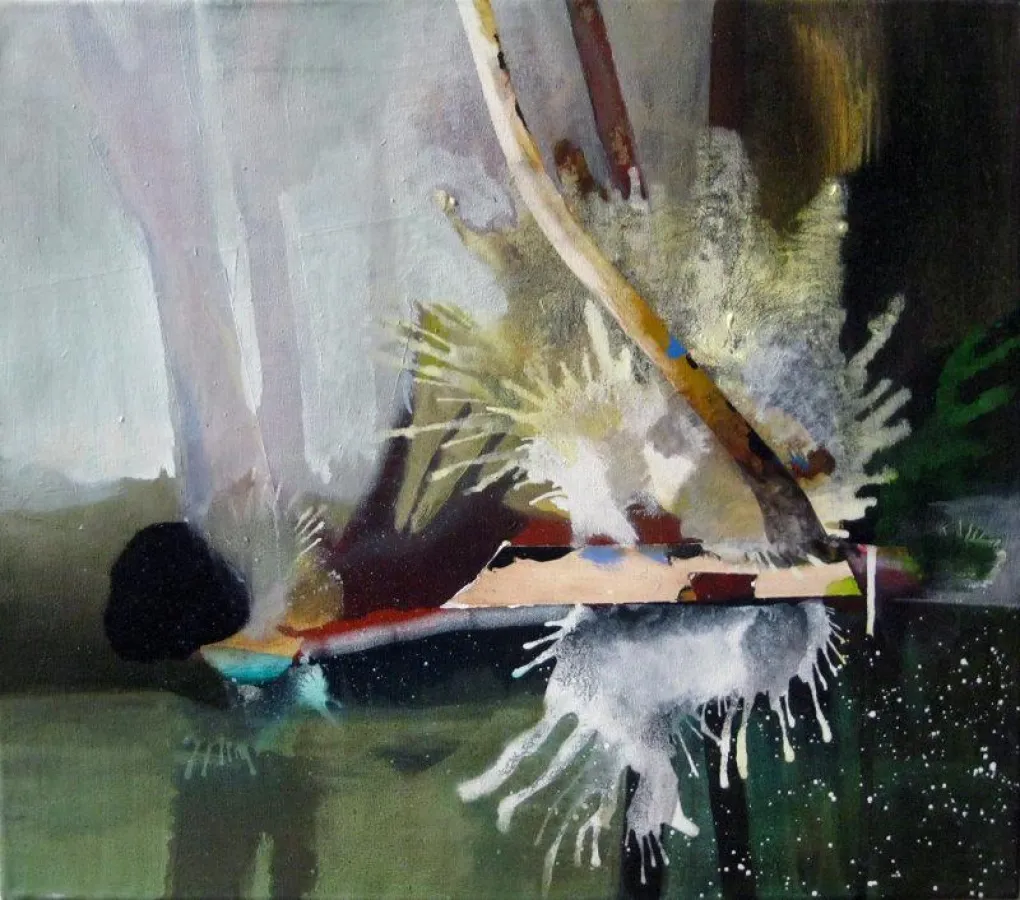 Stefan Schwarzmüller, Spreewald (rot-grün-splash), 2016, Mischtechnik auf Leinwand, 51 x 58 cm