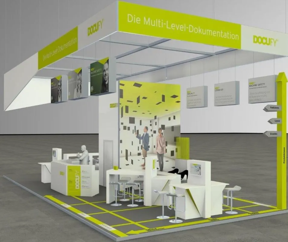 Der tekom-Messestand von DOCUFY ist als mehrdimensionaler Informationsraum gestaltet