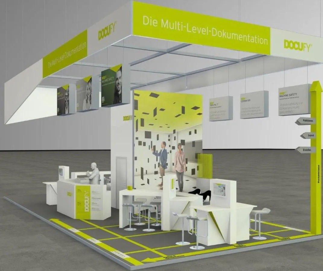 Der tekom-Messestand von DOCUFY ist als mehrdimensionaler Informationsraum gestaltet