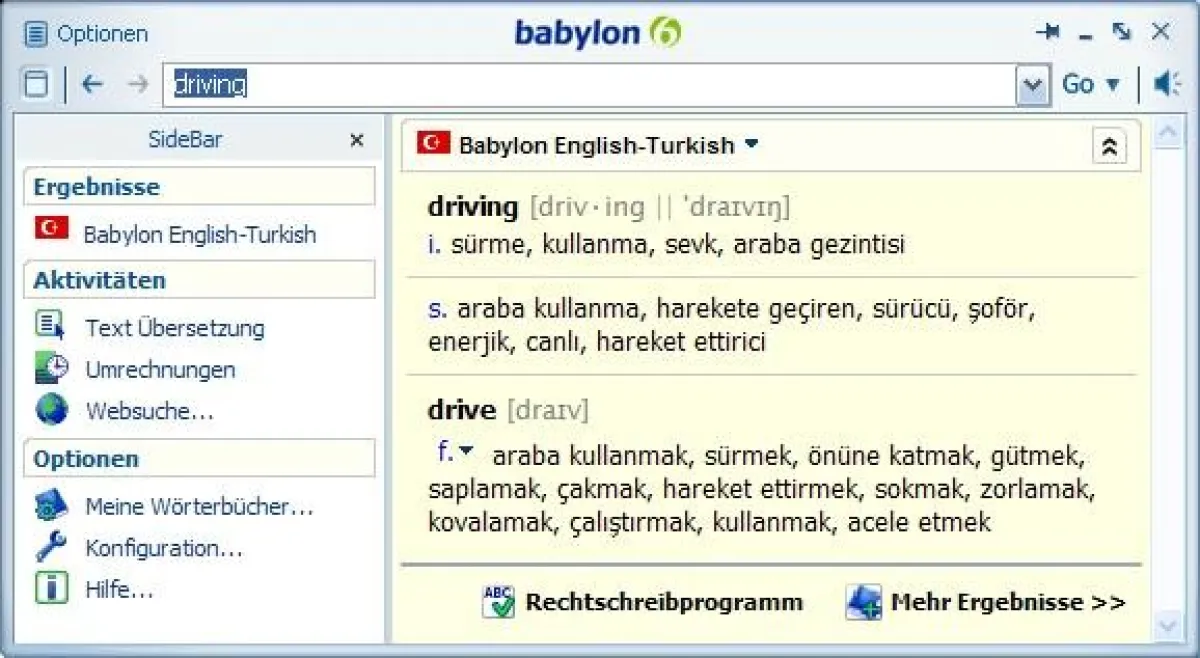 Türkische Begriffe per Mausklick nachschlagen: Das Suchergebnis steht sofort in einem Pop-up-Fenster zur Verfügung (Bild: Babylon)